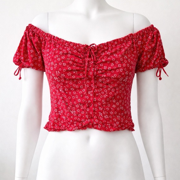Princess Polly Tops - Red Floral Off-Shoulder Crop Top